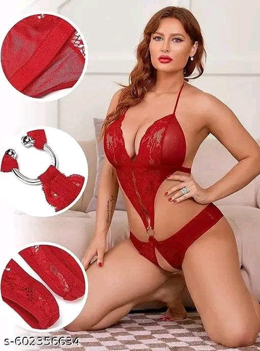 Women Deep V Lingerie Lace Teddy One Piece Babydoll