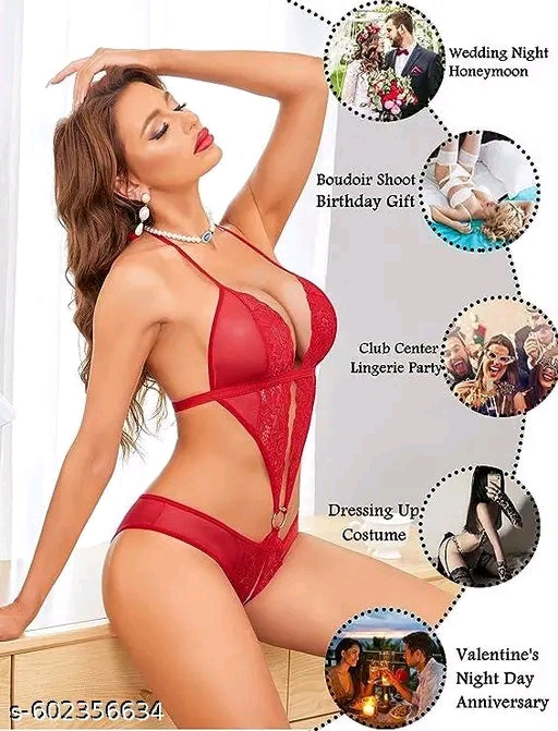 Women Deep V Lingerie Lace Teddy One Piece Babydoll